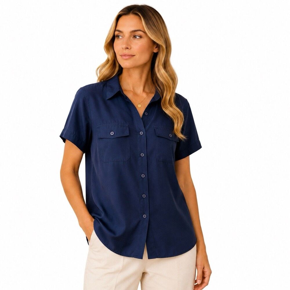 Vtg Oleg Cassini 100% Silk Shirt Womens Navy Blue Short Sleeve Button Front 80s